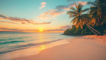 Poster - Beautiful sunset on the tropical beach with palm trees. Vibrant colorful sky.