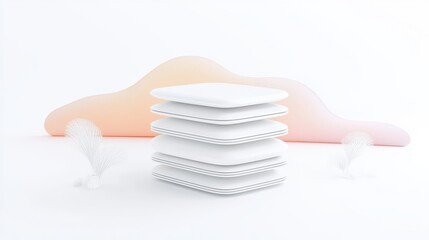 Poster - Neatly Stacked Clean White Plates Against Soft Gradient Background in Minimalist Style