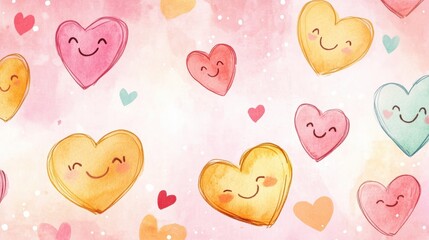 Aufkleber - Colorful watercolor hearts dancing against a soft pink background filled with joy and warmth expressing love. Generative AI
