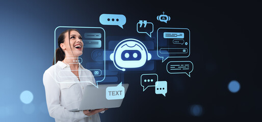 Poster - Woman using AI chatbot technology on laptop with holographic int