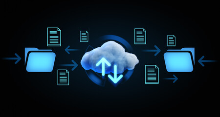 Fototapete - Cloud storage concept with glowing folders, files, and upload-download arrows. Digital data transfer and cloud computing security visualization. 3D Rendering