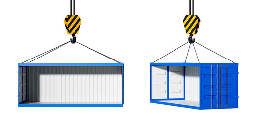 Poster - Open blue shipping containers suspended by crane hooks. 3D Rendering