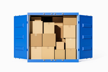 Poster - Open blue shipping container filled with stacked cardboard boxes. 3D Rendering