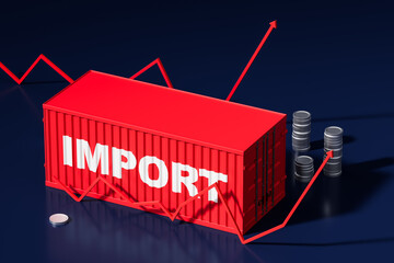 Poster - Rising import tariffs concept with red shipping container and financial growth chart. 3D Rendering