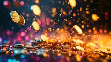 Poster - Coins scatter wildly in a captivating display, illuminated by vibrant colors that dance and shimmer. The atmosphere is alive with energy, drawing the eye to the enchanting chaos