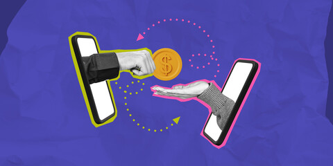 Poster - digital money transfer concept with hands exchanging coin via mobile phones.