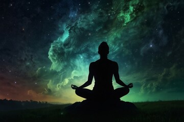 Silhouette human lotus position, meditation space galaxy cloud nebula, cosmos background wallpaper