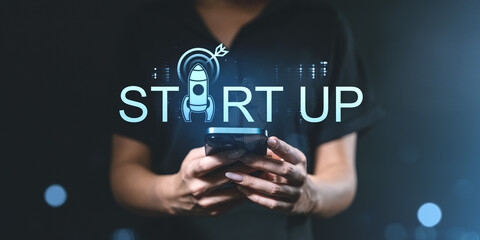 Poster - Startup concept with rocket and digital elements.