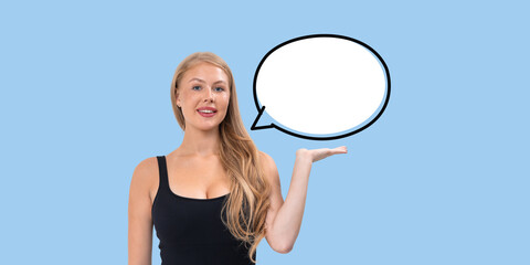 Poster - Happy woman holding an empty speech bubble mockup.