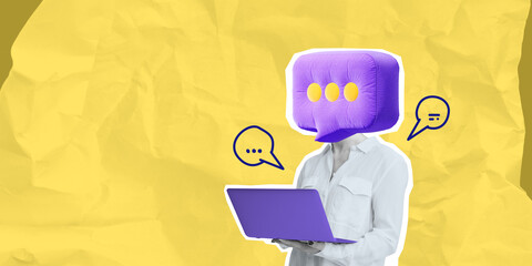 Aufkleber - person with speech bubble head using laptop on yellow background