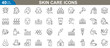 © Kashif - Skincare icons set. Vector illustrations covering facial Care, beauty treatments, cosmetic products, skin hydration, anti-aging solutions, sun protection, serums, masks and more.