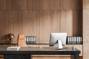 Poster - modern office interior with wooden wall panels and sleek workspace. 3d rendering
