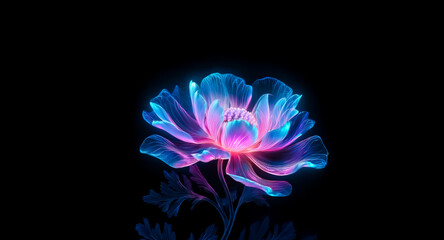 Sticker - a luminous flower with delicate petals radiates a vibrant neon glow against a stark black backdrop, 