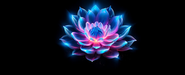 Wall Mural - Glowing lotus flower on black background. Neon blue and pink petals. Elegant floral design with vibrant ethereal feel.