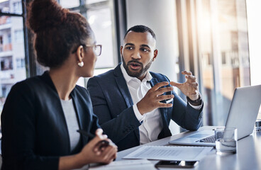 Aufkleber - Conversation, laptop and meeting review with business people in office together for project management or teamwork. Document, discussion and idea with man, woman or workplace for b2b collaboration