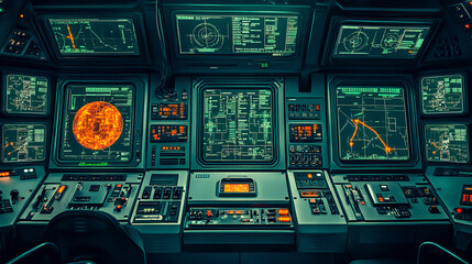 Poster - Navigating complex data displays control room digital interface high-tech environment overhead view futuristic concepts