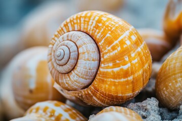 Poster - Spiral shells resting on sandy shore at morning light capturing intricate patterns and textures of nature. Generative AI