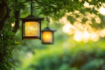 Aufkleber - Lanterns illuminate a garden at dusk creating a warm and inviting atmosphere for evening gatherings. Generative AI