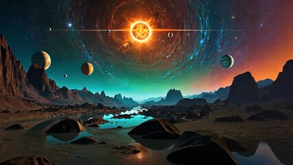 Wall Mural - A Captivating View of a Distant Exoplanet with Mountains and a Cosmic Sky