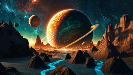 Wall Mural - Spectacular Exoplanet Vista, A Mesmerizing Journey to an Alien World Landscape