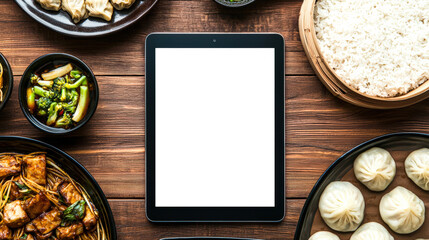 Wall Mural - A simple delicious dinner from a plate with rice, vegetables, meat and Chinese dumplings. Tablet mockup, top view. A tablet with an empty white screen lies on a table with a variety of Asian dishes