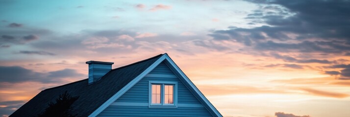 Aufkleber - Sunset glow on a cozy house silhouette against a colorful sky near a tranquil neighborhood. Generative AI
