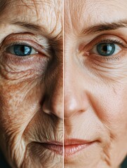 Poster - Transformation of aging into youthfulness through skin rejuvenation techniques showcased on a split face. Generative AI