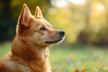 Aufkleber - Golden dog sitting in the grass with a calm expression during a sunny afternoon in a tranquil outdoor setting. Generative AI