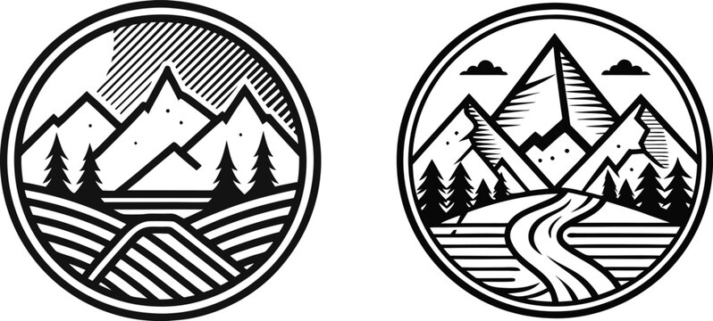 Set Of Vintage Mountain and River Emblem, Rounded Line Art Outdoor Logo Vector on White Background.