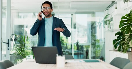Fototapete - Businessman, phone call and laptop with negotiation for proposal, offer or discussion at office. Man, employee or financial advisor talking on mobile smartphone for business proposition or investment