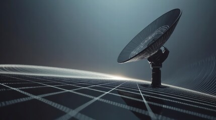 Poster - Communication Sentinel: A futuristic satellite dish stands poised against a dark, flowing background, embodying modern communication technology.