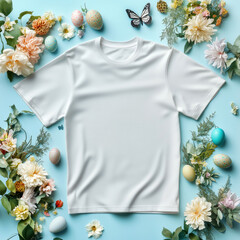 Wall Mural - White flat lays short sleeve tshirt mock up, Easter eggs, flowers nearby. Lying Bella Canvas tee mock up. Blank basic t-shirt template, top view. Casual unisex unfolded tee, spring holiday designs