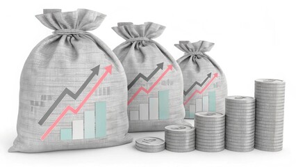 Wall Mural - Three money bags and stacked coins symbolize financial growth, investment, and wealth management, featuring a graph showing upward trends.