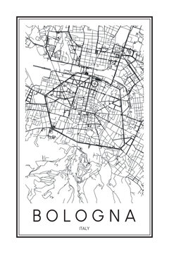 Printable downtown road map poster of the Italian city of BOLOGNA on solid white background with city name