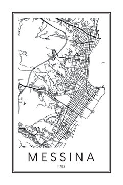 Printable downtown road map poster of the Italian city of MESSINA on solid white background with city name