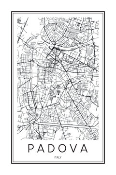 Printable downtown road map poster of the Italian city of PADOVA on solid white background with city name