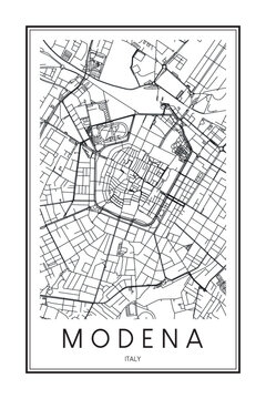 Printable downtown road map poster of the Italian city of MODENA on solid white background with city name