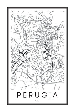 Printable downtown road map poster of the Italian city of PERUGIA on solid white background with city name