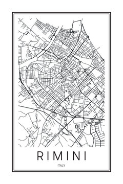 Printable downtown road map poster of the Italian city of RIMINI on solid white background with city name