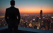 © Photo by Amron.K - A modern businessman standing on a skyscraper rooftop at night