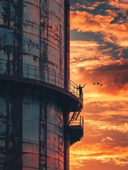 Poster - Massive industrial gas storage tanks silhouetted against a warm orange sunset sky. Generative AI