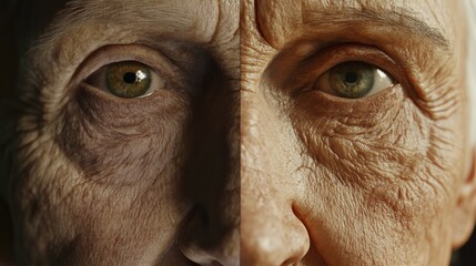 Poster - Transformation of Aging Skin to Youthful Appearance Showcasing Dramatic Change in Facial Texture and Tone. Generative AI