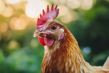 Poster - Close up of a brown hen displaying vibrant feathers and intricate details during golden hour in a lush garden setting. Generative AI