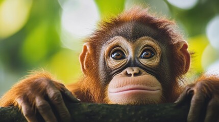 Fototapete - Young orangutan curiously peers over a branch in a lush tropical jungle setting during daylight hours. Generative AI
