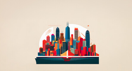 Aufkleber - Colorful cityscape illustration with vibrant buildings on a light background, depicting a modern urban skyline and a watercraft element below.