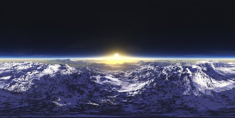 Wall Mural - hdri, round panorama, spherical panorama, sunrise over the planet, sunrise over the icy moon, 3d ren