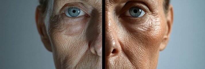 Poster - Transforming appearance of aging through skin rejuvenation in a side by side comparison of youth and age. Generative AI