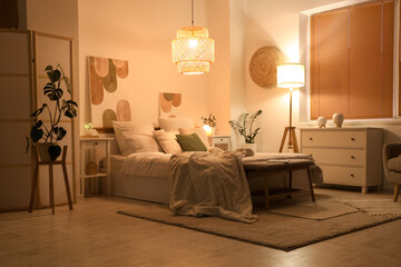 Wall Mural - Interior of stylish cozy bedroom in evening