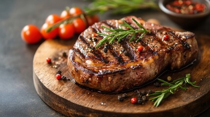 Aufkleber - Juicy grilled steak on wooden board with herbs and fresh cherry tomatoes ready to be served at dinner time. Generative AI