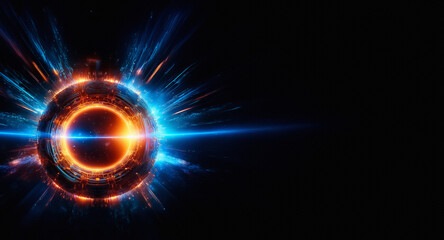 Fototapete - Vibrant orange and blue energy bursts from a circular ring shape, creating a dynamic and abstract composition against a stark black background.